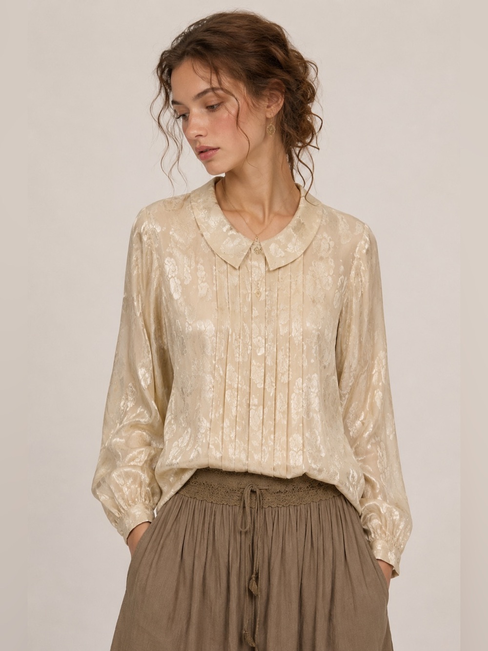 Vintage 100% Silk Pleated Floral Blouse Peter Pan Collar Feminine Piratecore